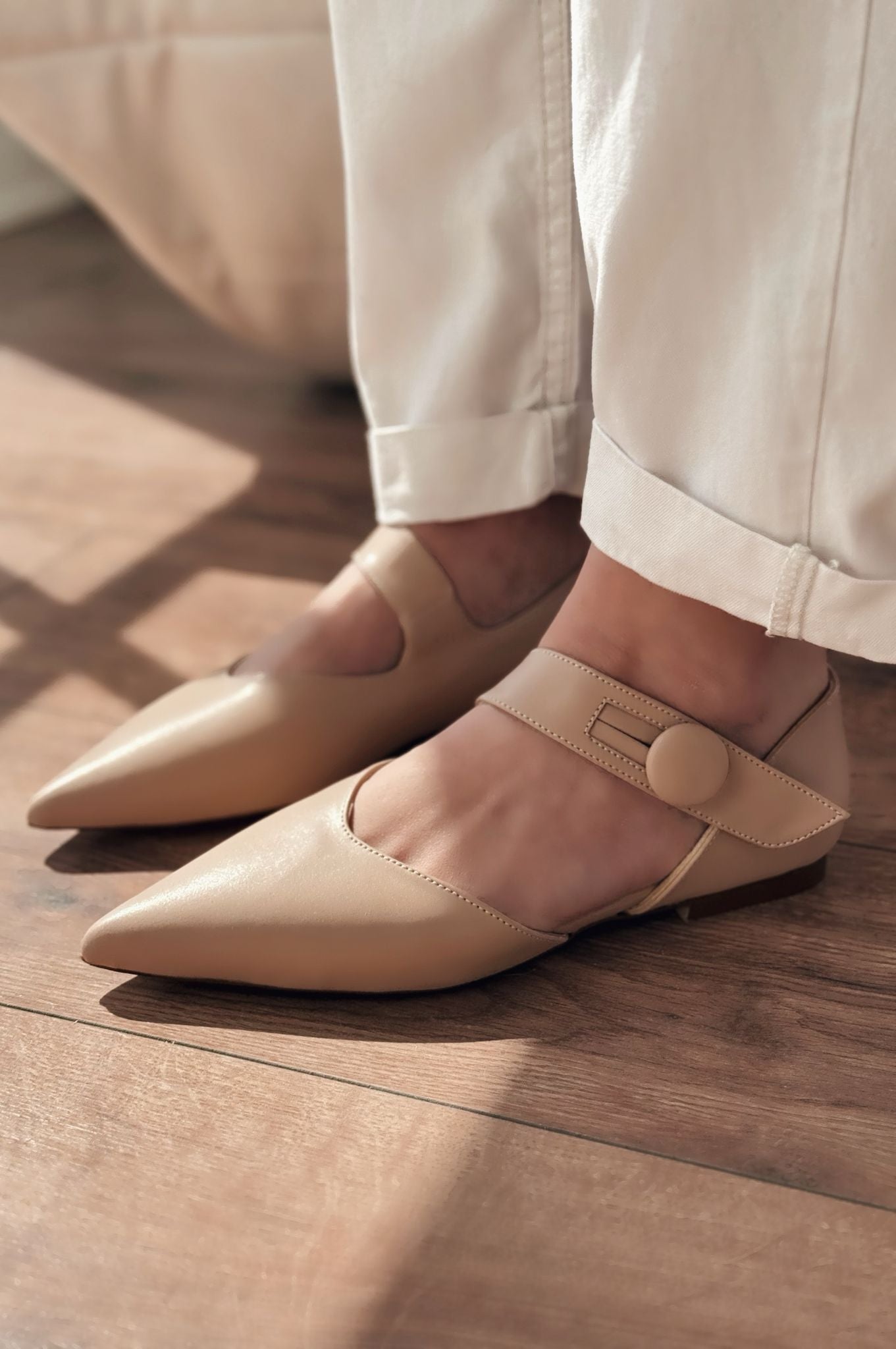 Peronsa Mat Deri Nude Düğme Detaylı Babet - ILOVESHOES