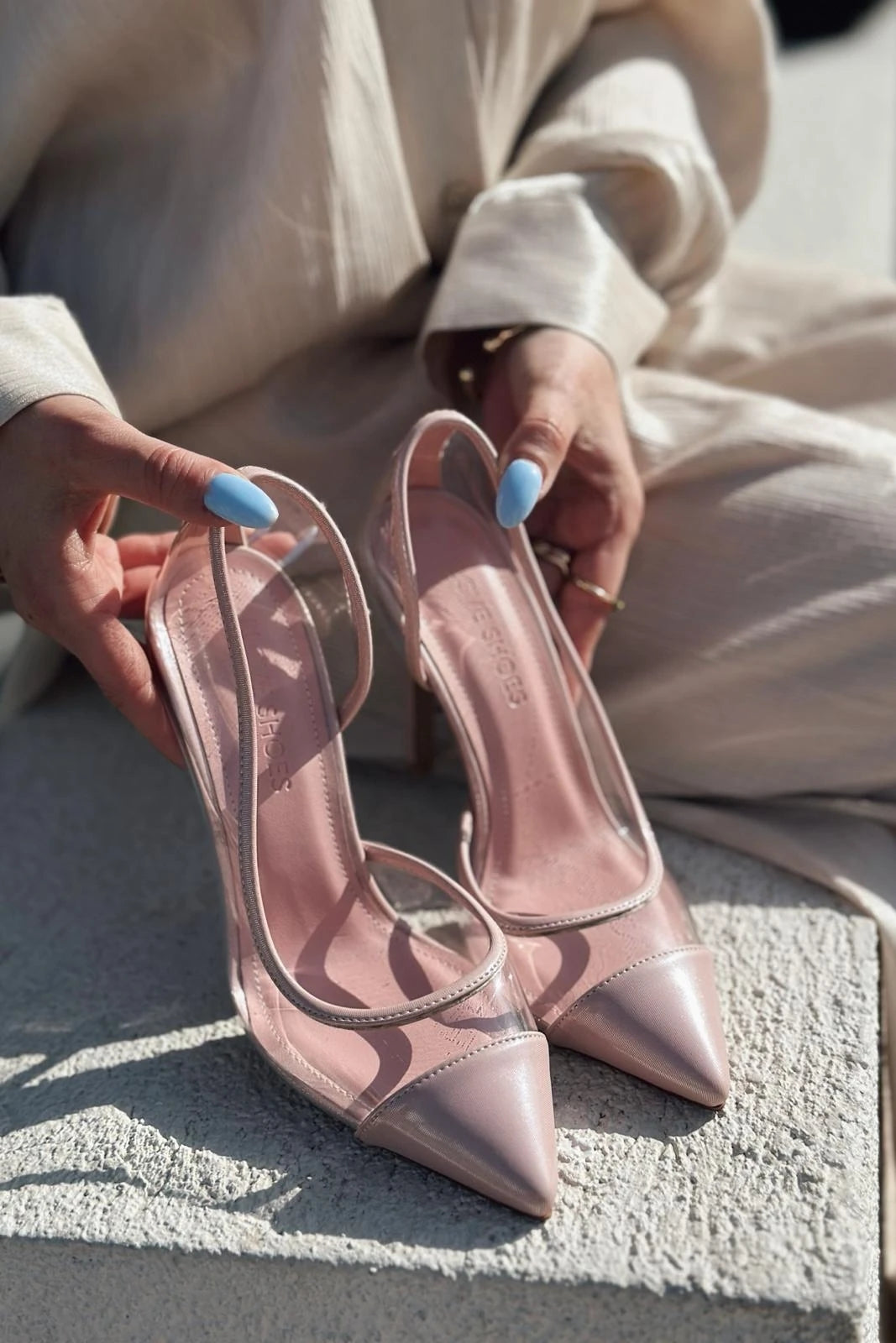 Ronse Mat Deri Şeffaf Stiletto Pudra