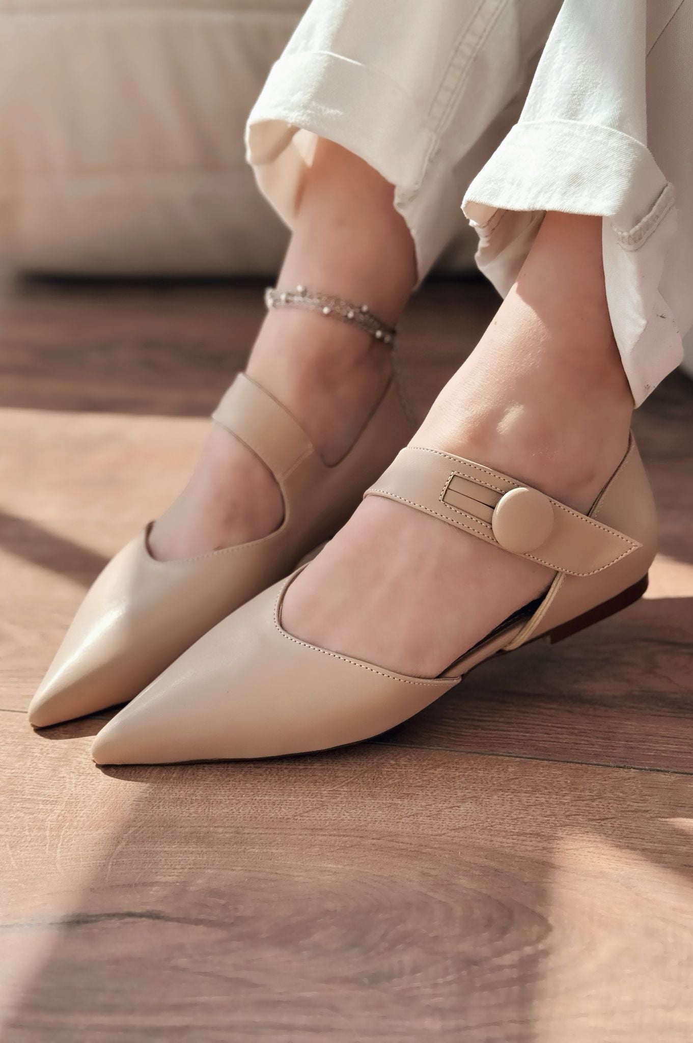 Peronsa Mat Deri Nude Düğme Detaylı Babet - ILOVESHOES
