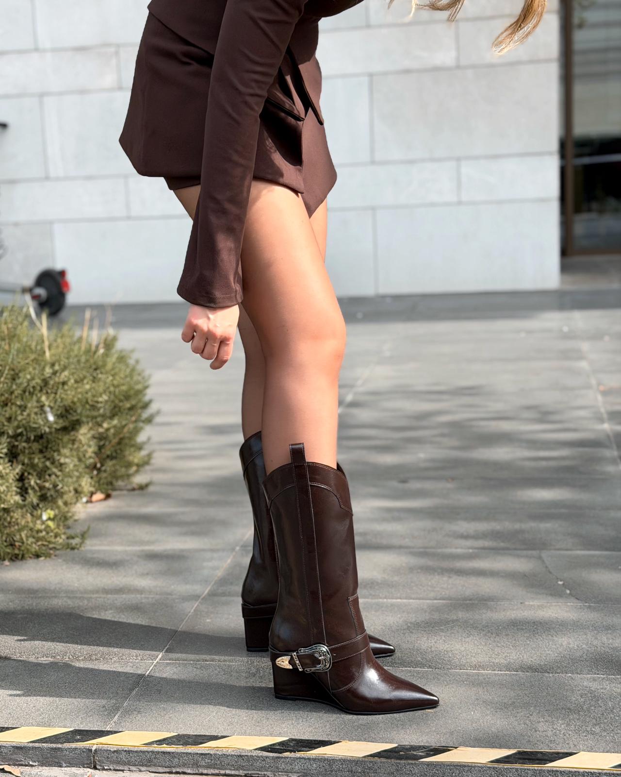 Bonvir Kadın Kovboy Çizme Acıkahve Parlak Deri