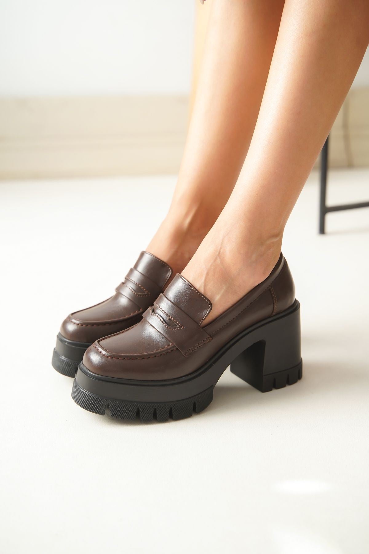 Passeta Kalın Taban Topuklu Kadın Loafer Kahverengi Mat Rugan