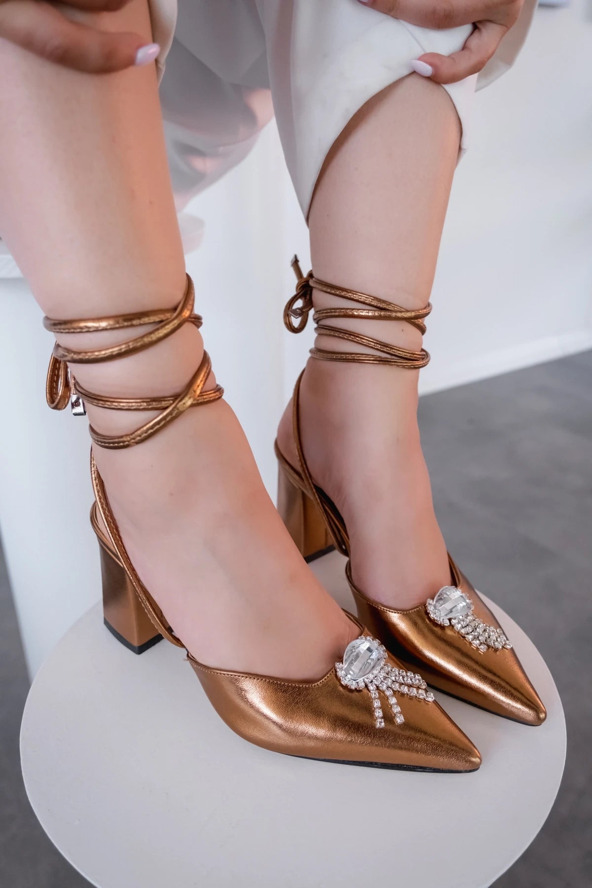 Teldina Parlak Saten Deri Yüksek Topuklu Stiletto Bronz