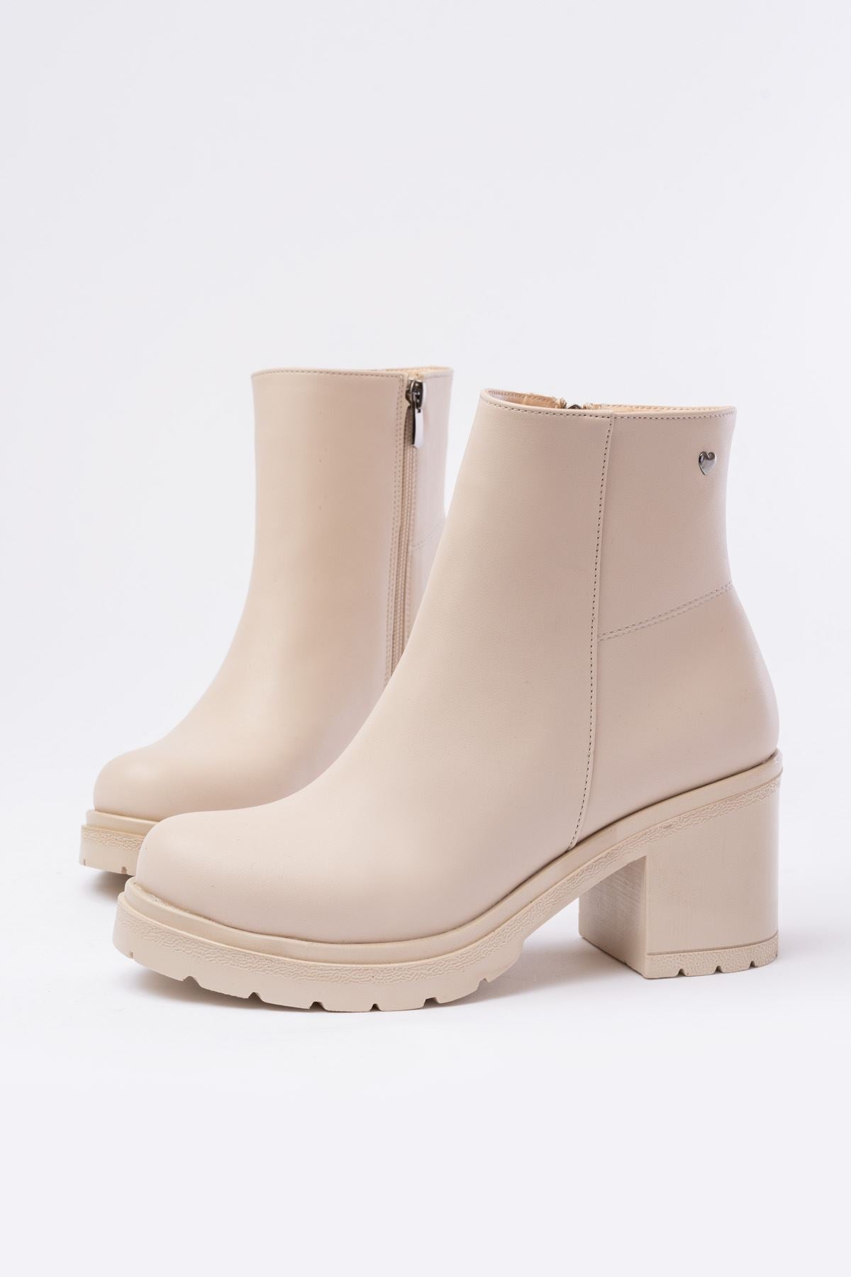 Fivra Bej Fermuarlı Kalın Topuklu Günlük Kadın Bot