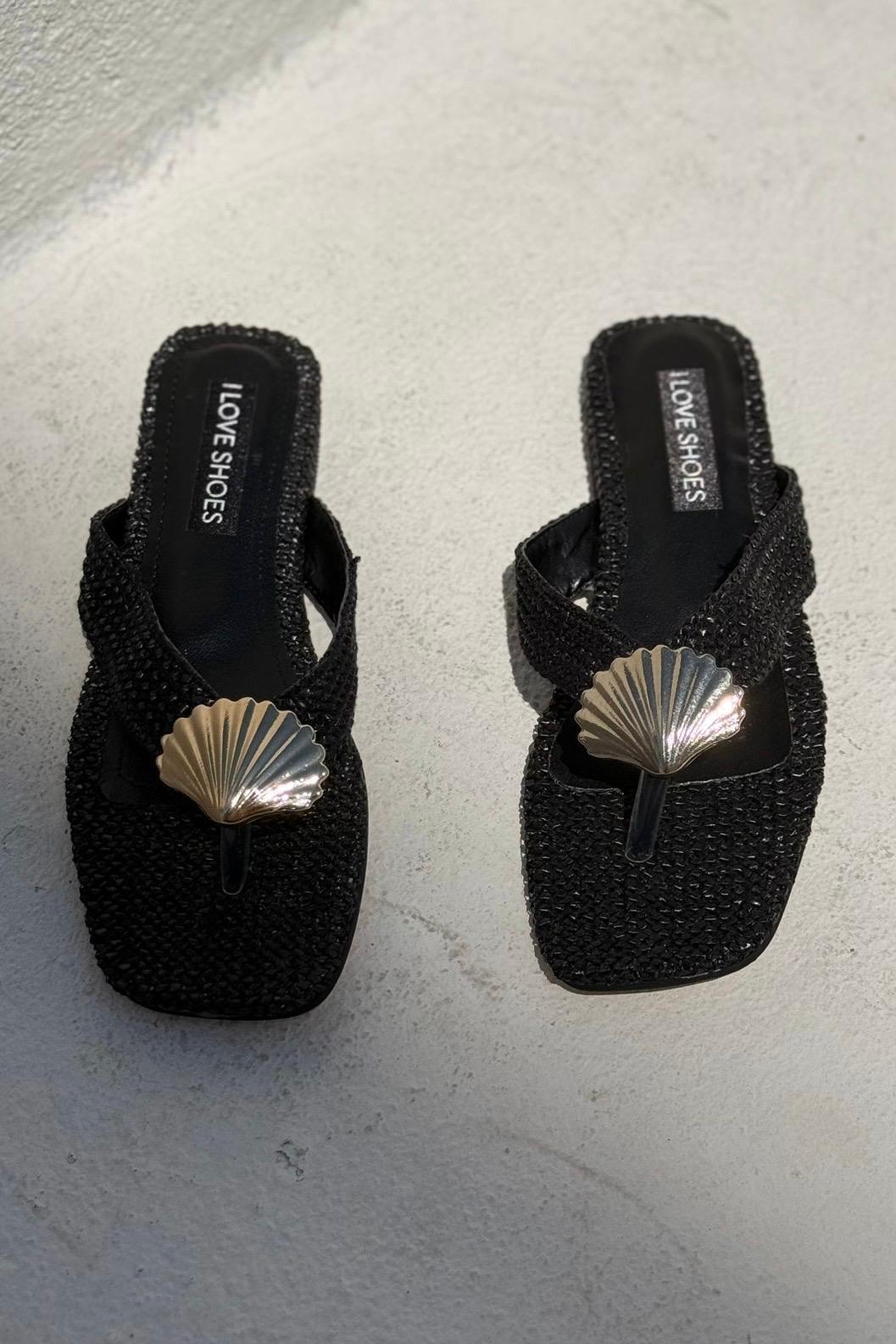 Lovante Hasır Siyah Parmak Arası Düz Terlik - ILOVESHOES