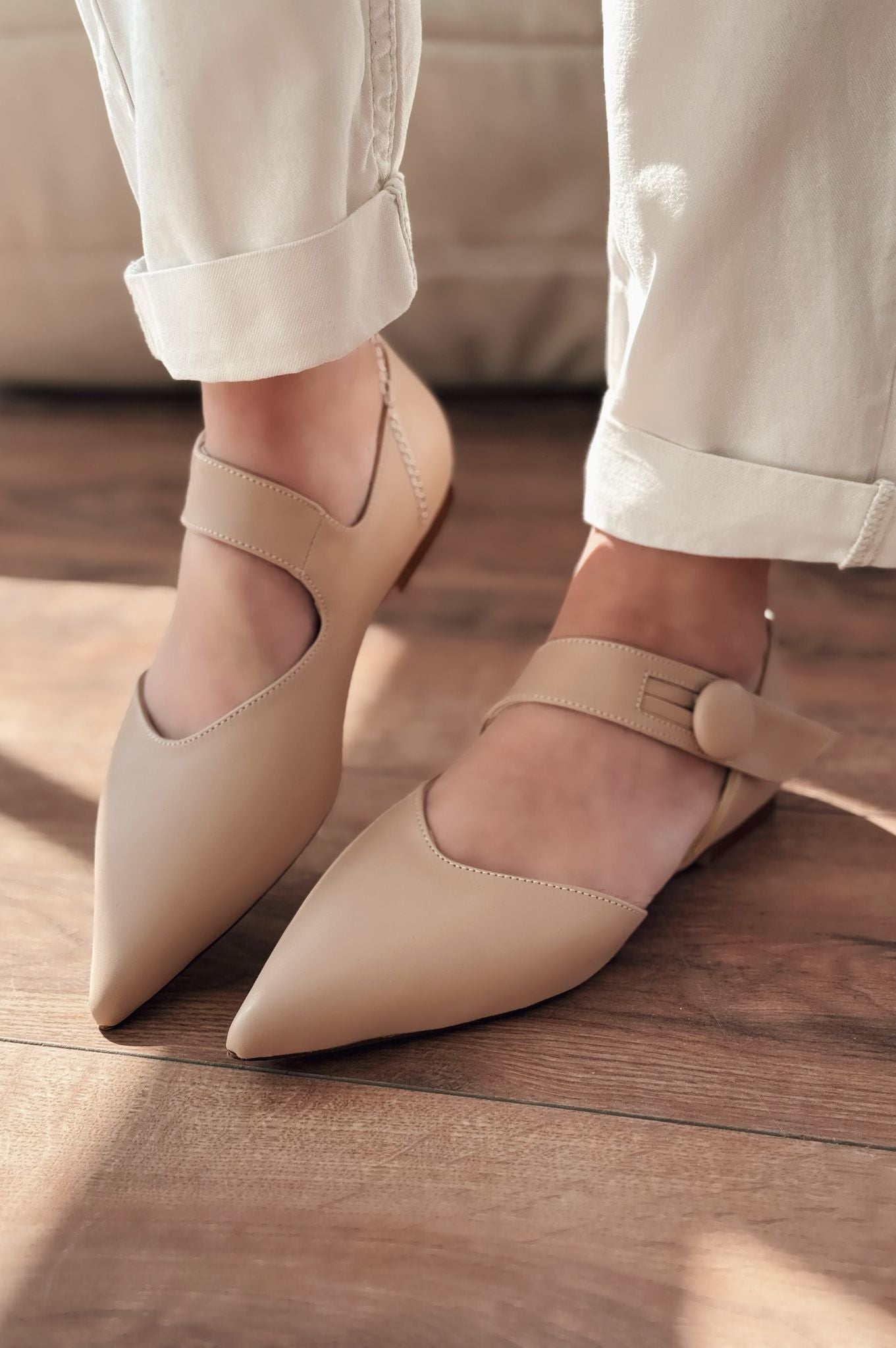 Peronsa Mat Deri Nude Düğme Detaylı Babet - ILOVESHOES