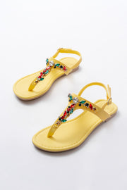 Selvion Mat Deri Sarı Renkli Taşlı Parmak Arası Kadın Sandalet