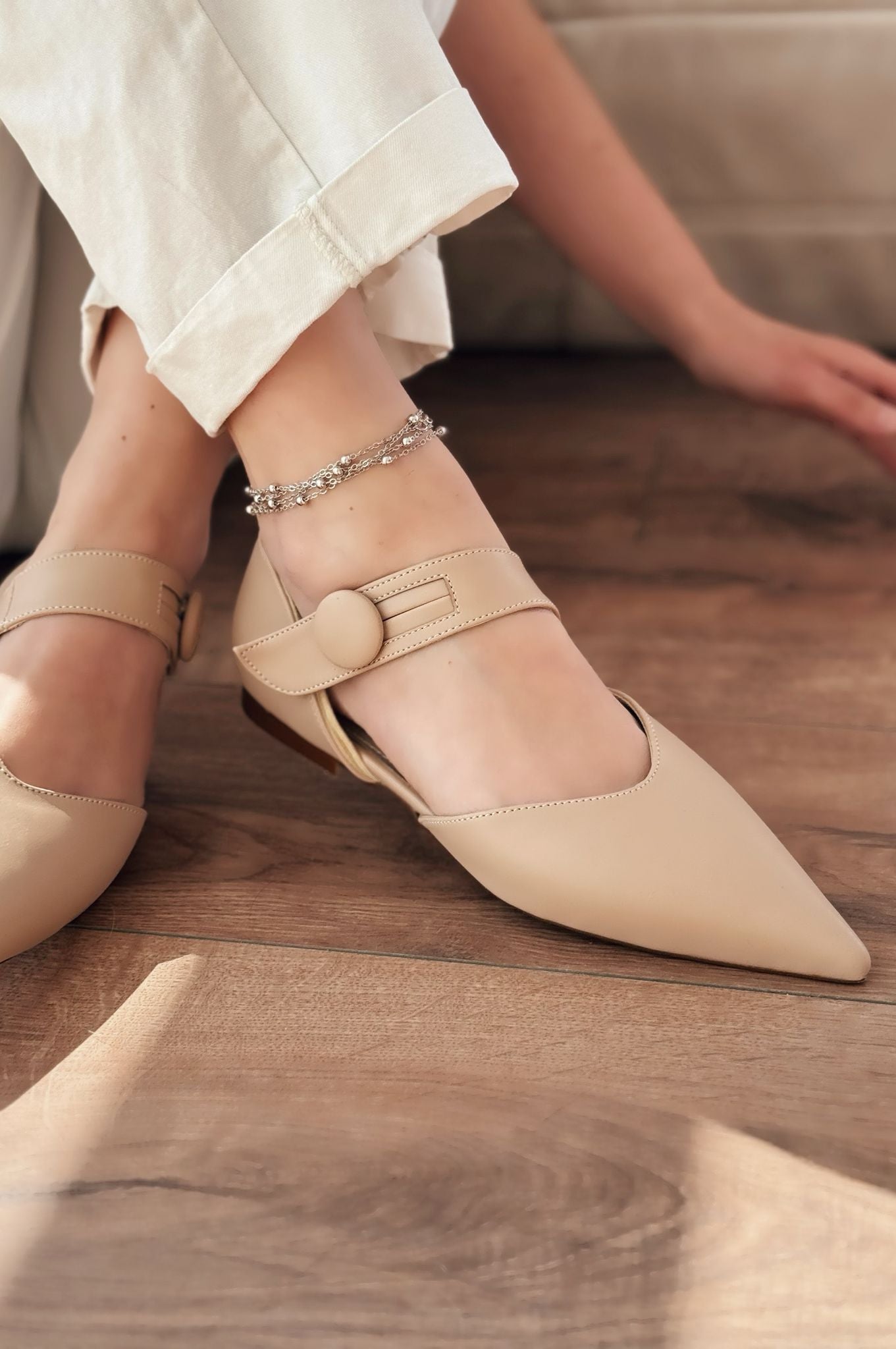 Peronsa Mat Deri Nude Düğme Detaylı Babet - ILOVESHOES