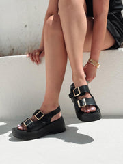 Derno Mat Deri Siyah Dolgu Topuklu Sandalet - ILOVESHOES