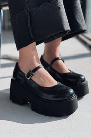 Tinos Mat Deri Siyah Kalın Taban Mary Jane Ayakkabı