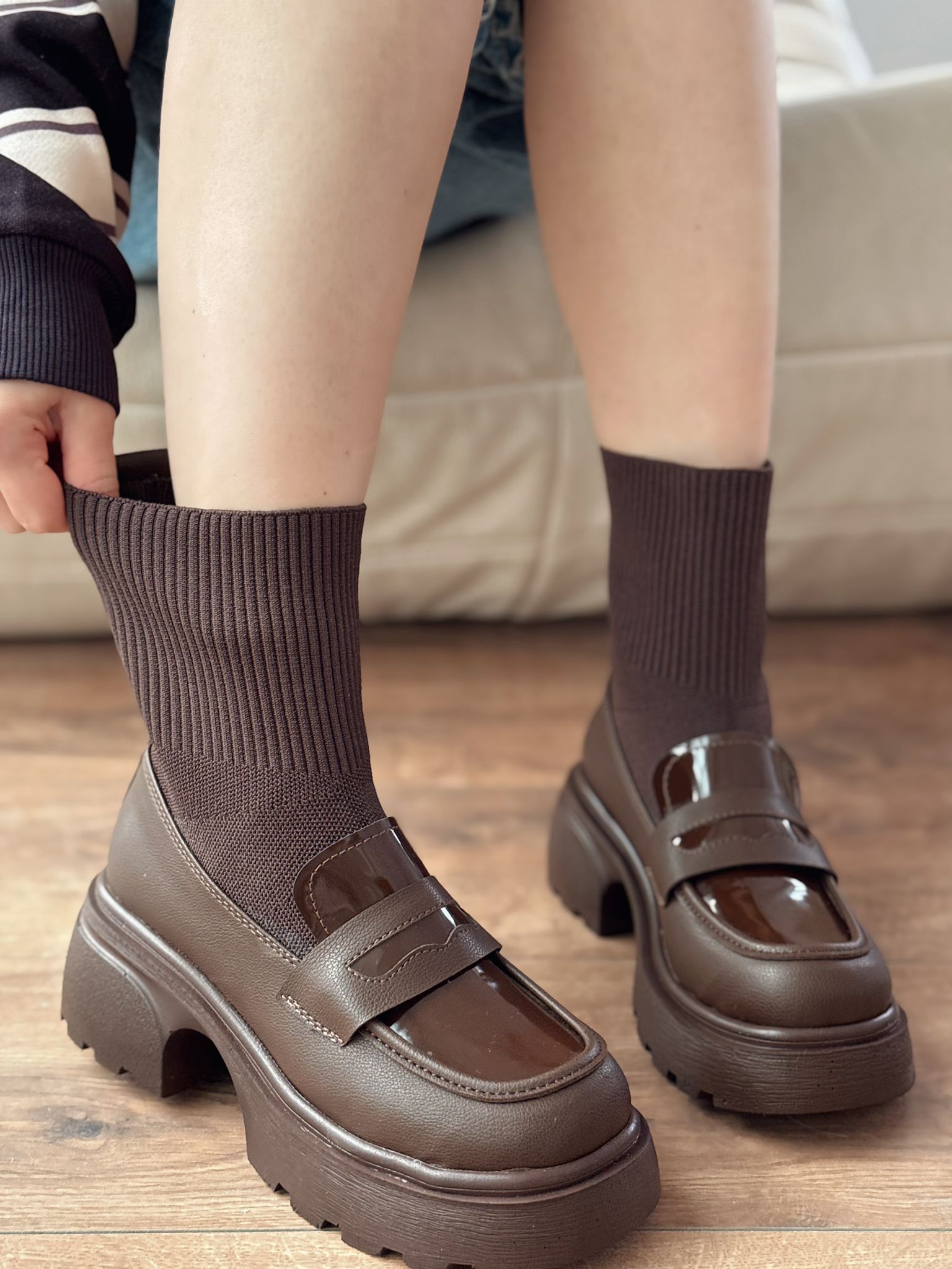 Celora Kadın Kalın Taban Bot Acıkahve Triko - ILOVESHOES