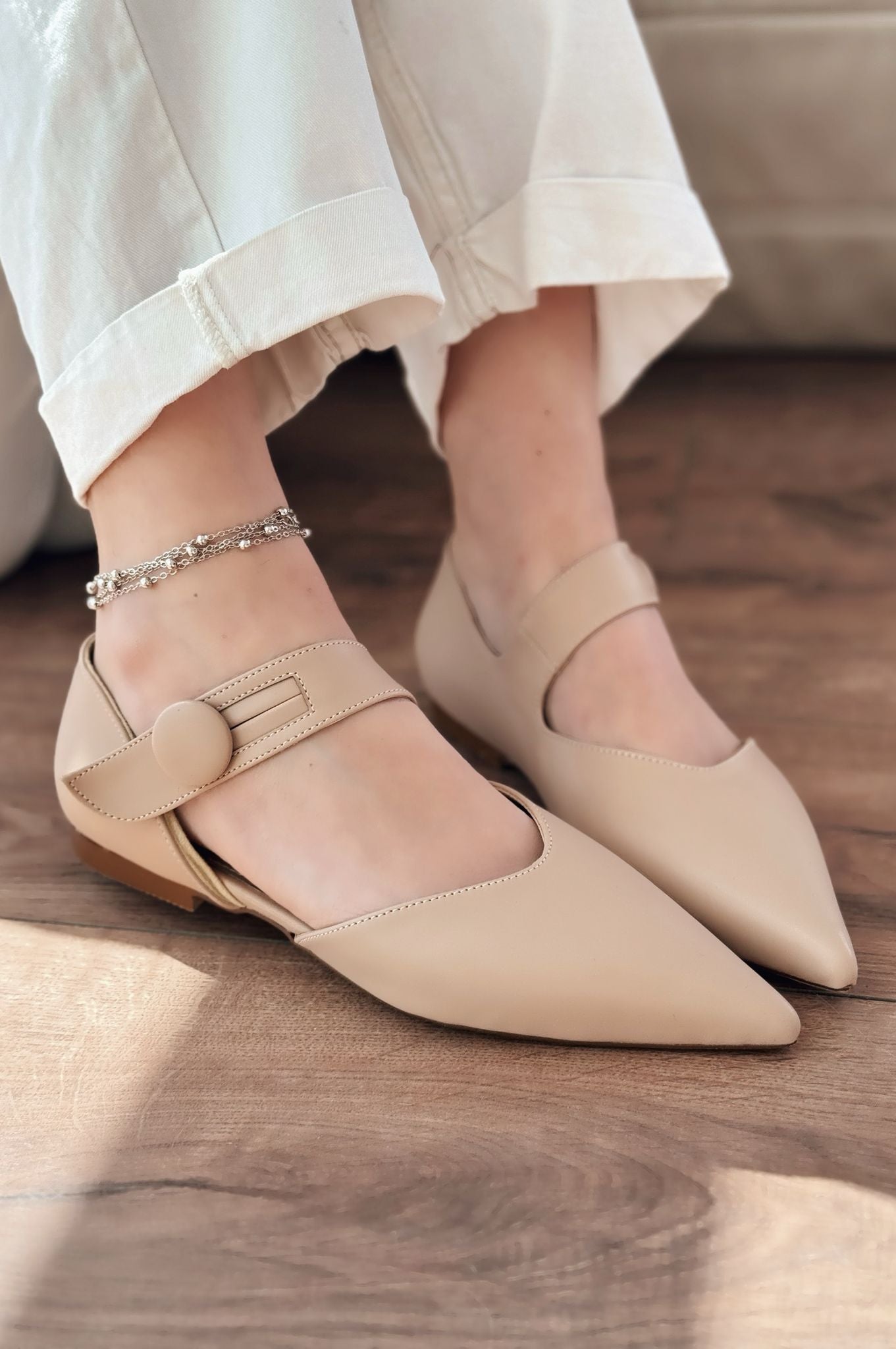 Peronsa Mat Deri Nude Düğme Detaylı Babet - ILOVESHOES