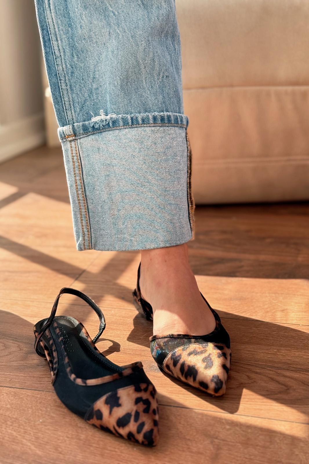 Wonels Saten Leo Desenli Tül Kadın Babet - ILOVESHOES