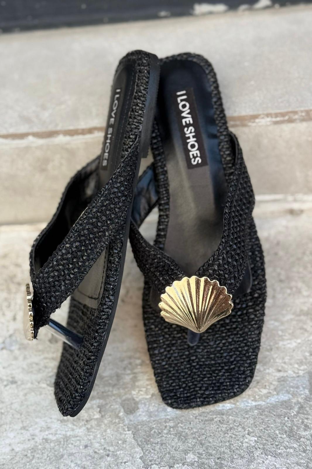 Lovante Hasır Siyah Parmak Arası Düz Terlik - ILOVESHOES