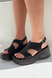 Pantes Mat Deri Kalın Taban Kadın Sandalet Siyah - ILOVESHOES