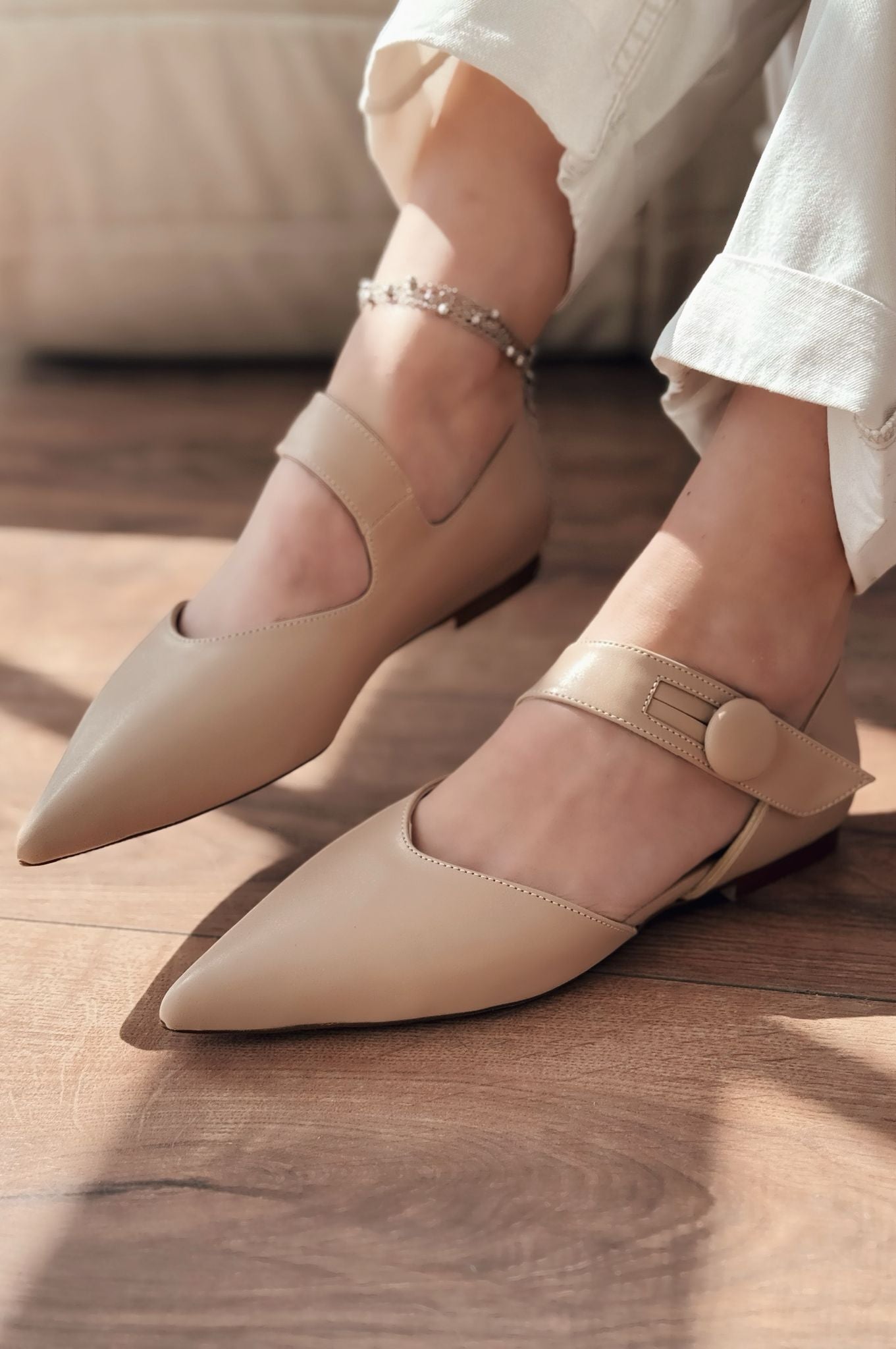 Peronsa Mat Deri Nude Düğme Detaylı Babet - ILOVESHOES