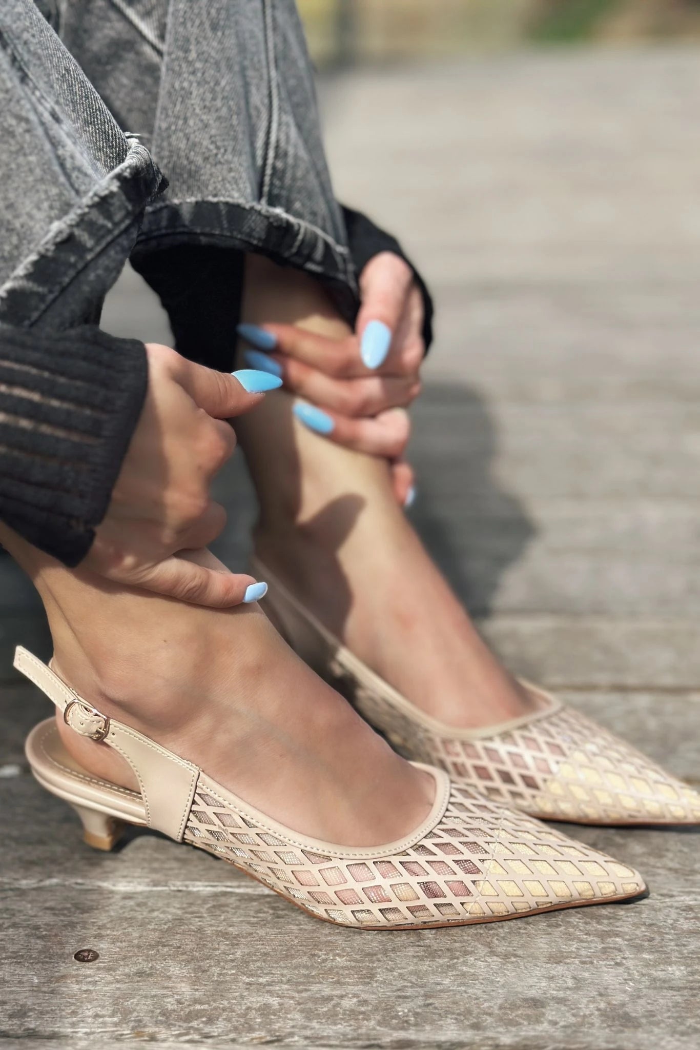 Talin Mat Deri File Detaylı Kısa Topuklu Stiletto Nude