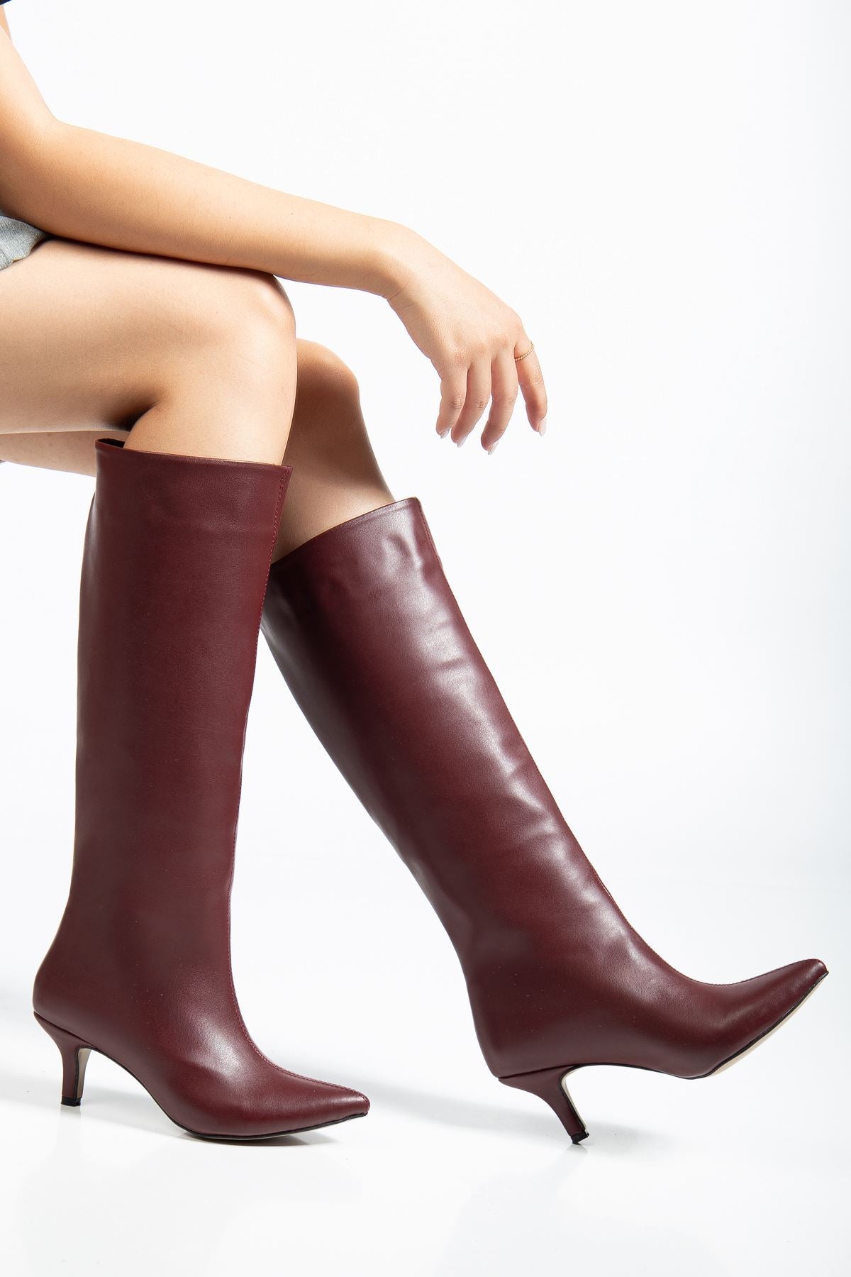 Celmira Kadın Topuklu Çizme Bordo Mat Deri - ILOVESHOES