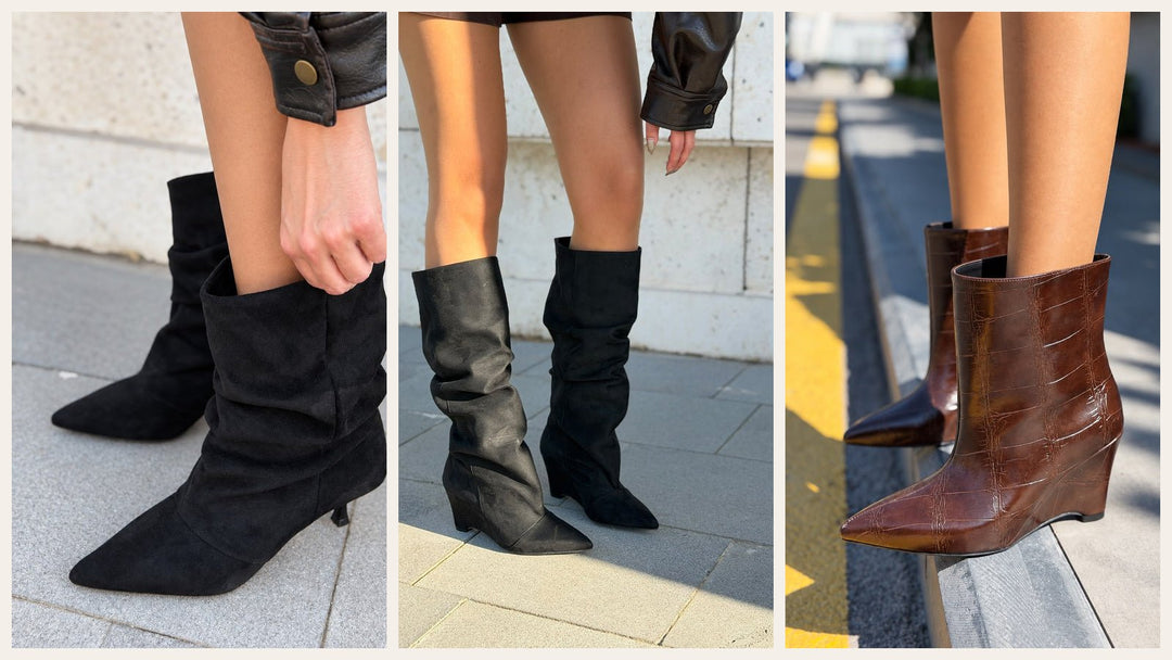 Sivri Burun Süet Bot, Dolgu Topuklu Süet Çizme ve Kroko Bot - ILOVESHOES
