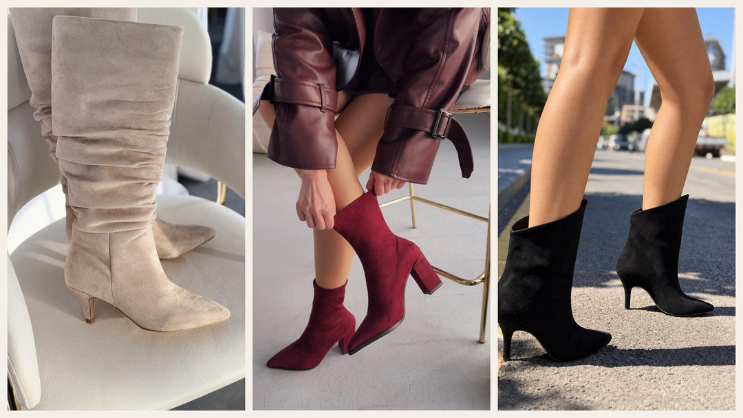 Sivri Burun Körüklü Çizme, Kalın ve İnce Topuklu Süet Botlar - ILOVESHOES