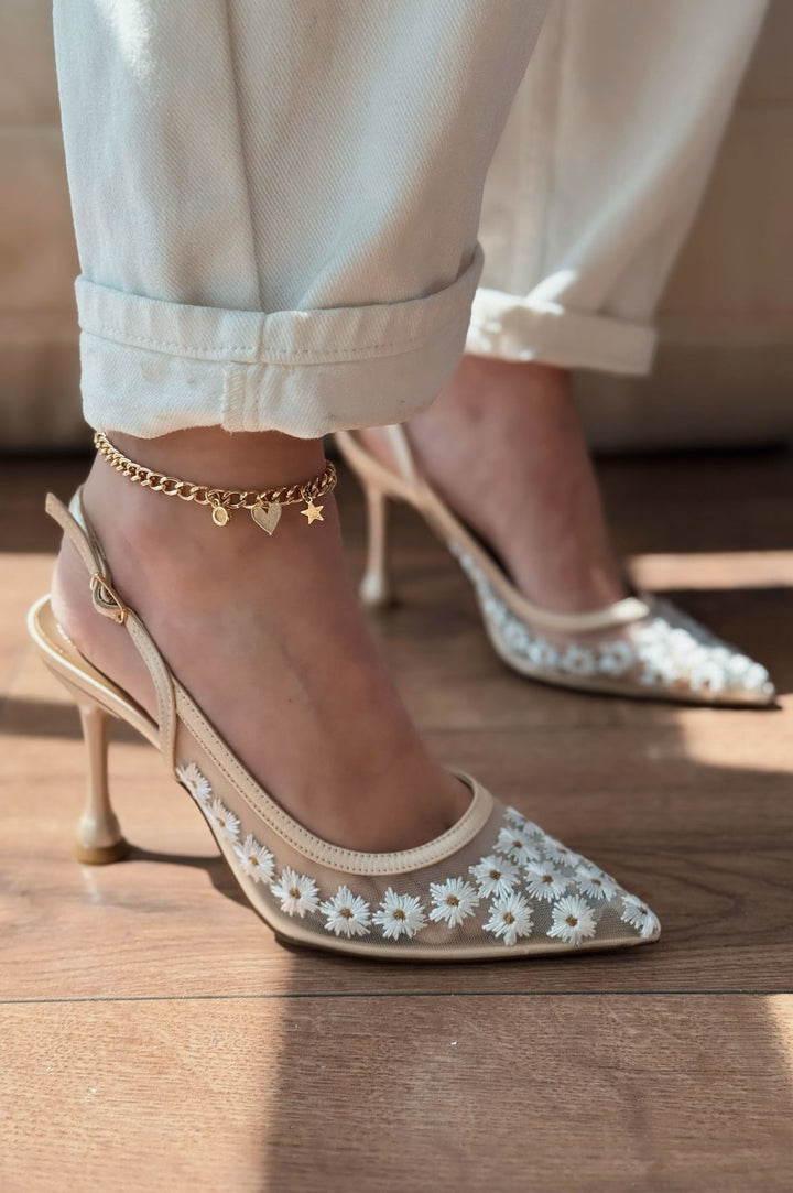 Dasewi Tül Bej Papatya Desenli Stiletto