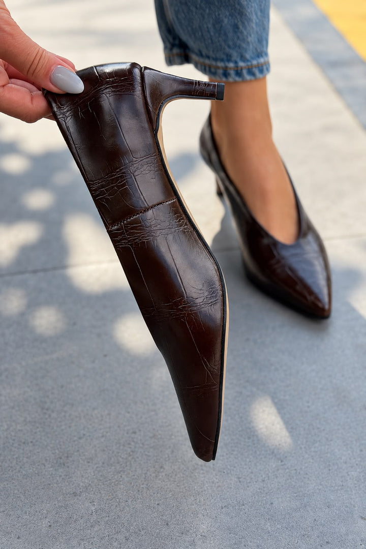 Rovya Acı Kahve Kroko Mat Deri Kadın Topuklu Ayakkabı - ILOVESHOES