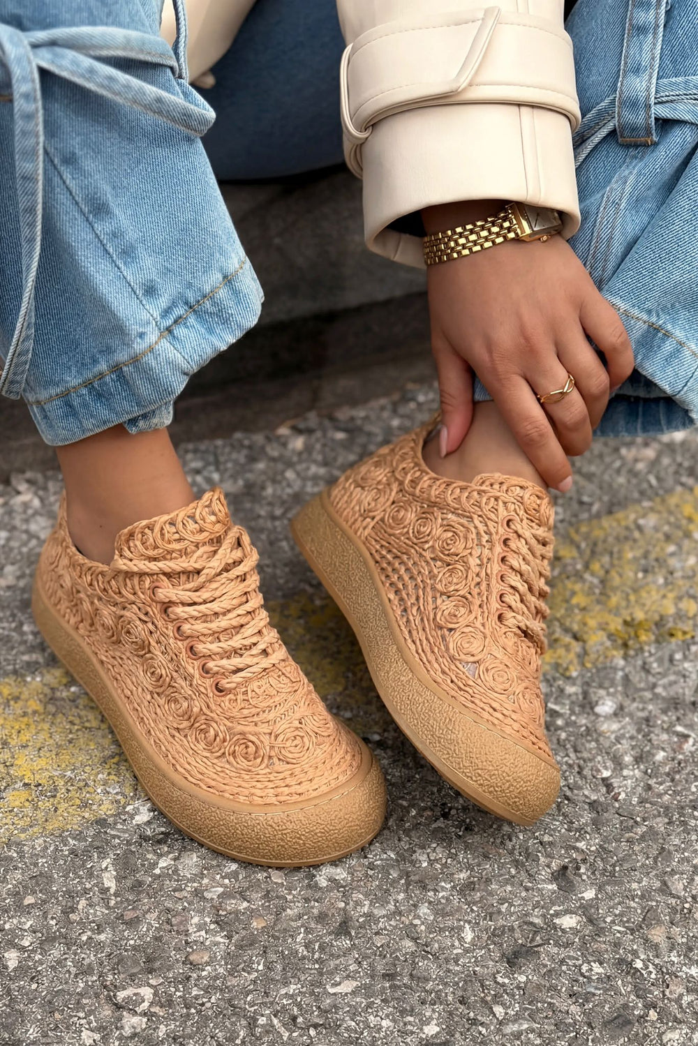 Sarrin Kadın Spar Ayakkabı Taba Örgü - ILOVESHOES