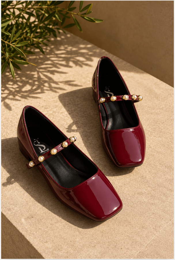 Myrel Bordo İnci Detaylı Rugan Kadın Marry Jane - ILOVESHOES