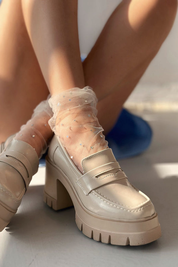 Passeta Kalın Taban Topuklu Kadın Loafer Bej Mat Rugan - ILOVESHOES