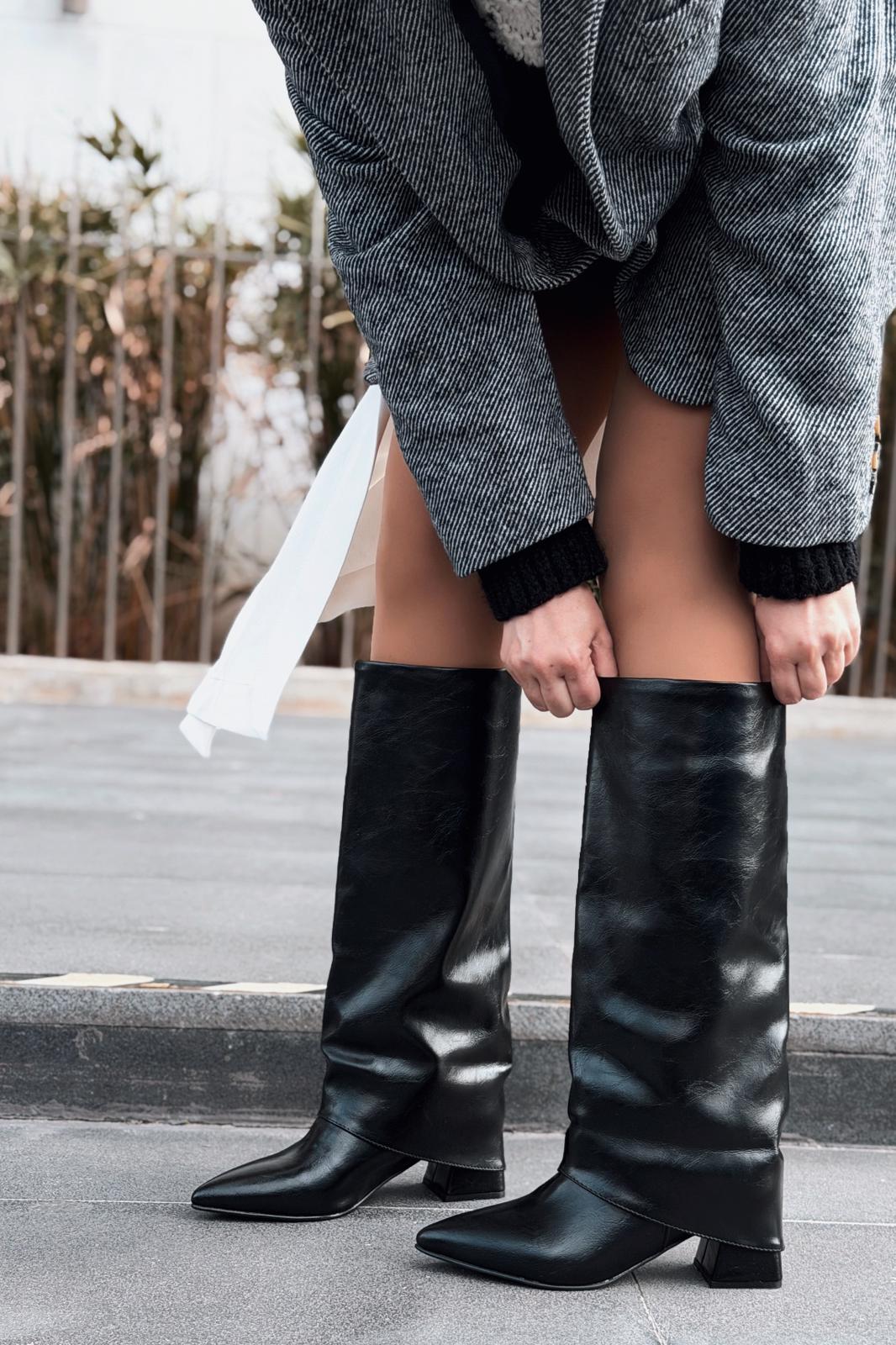 Jasmir Kadın Topuklu Çizme Siyah Parlak Deri - ILOVESHOES