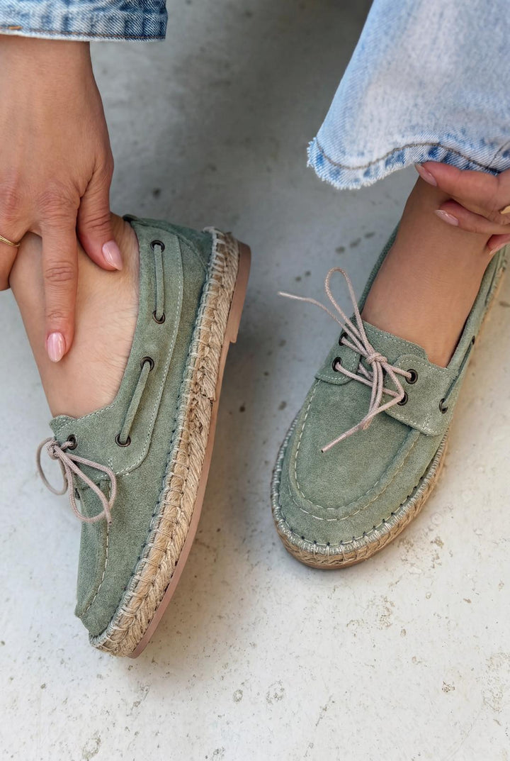 Selora Bağcıklı Espadril Yeşil Hakiki Süet - ILOVESHOES