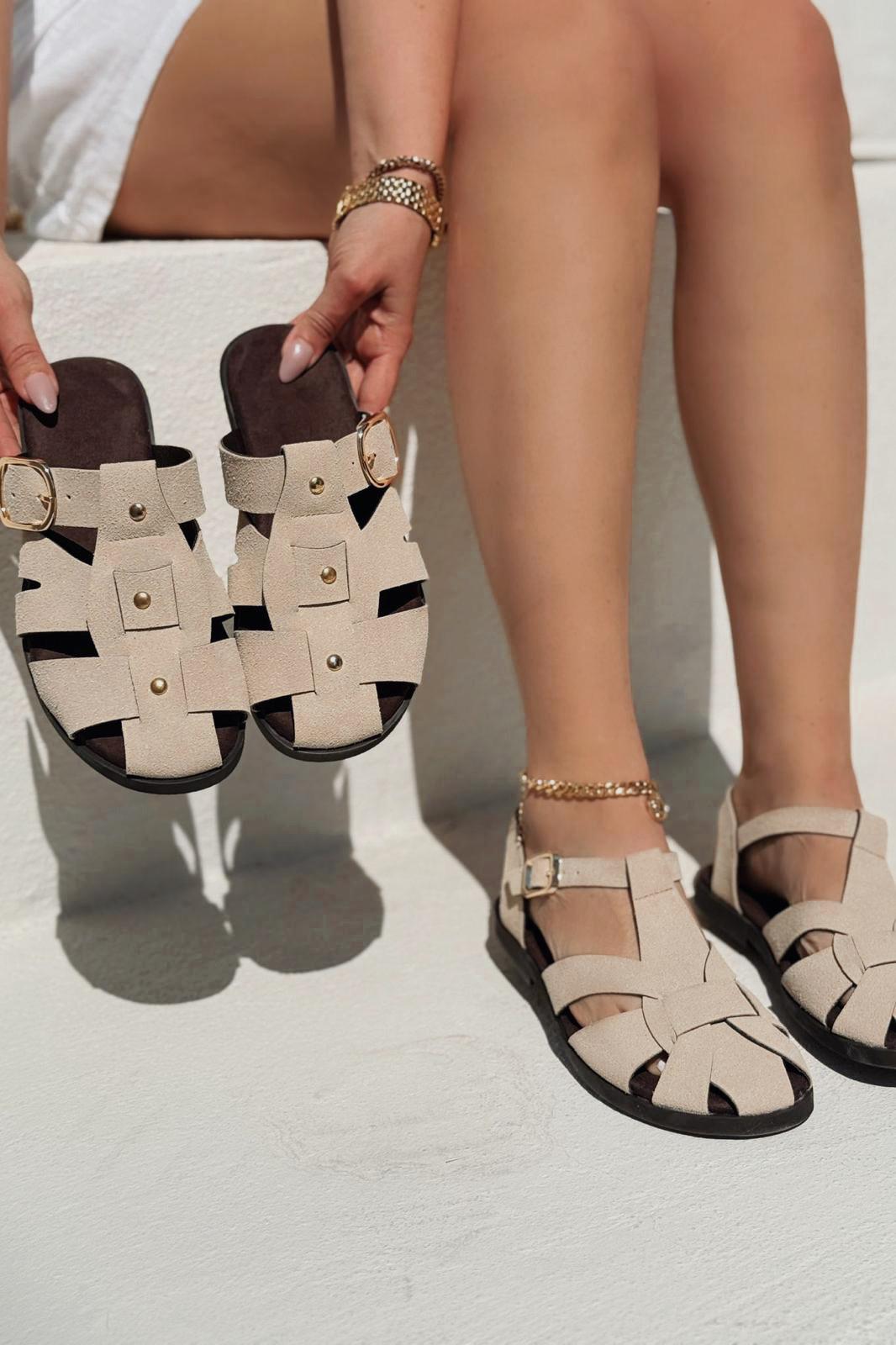 Tayra Süet Bej Düz Kadın Terlik - ILOVESHOES