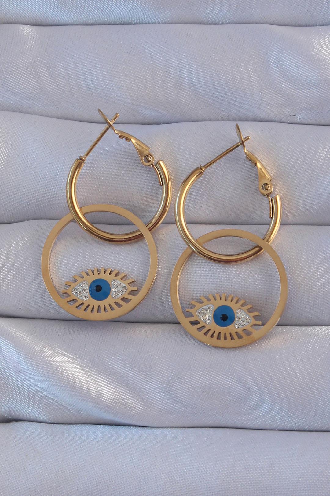 ILS-1153-316L Çelik Gold Renk Zirkon Taşlı Mavi Göz Tasarımlı Halka Küpe