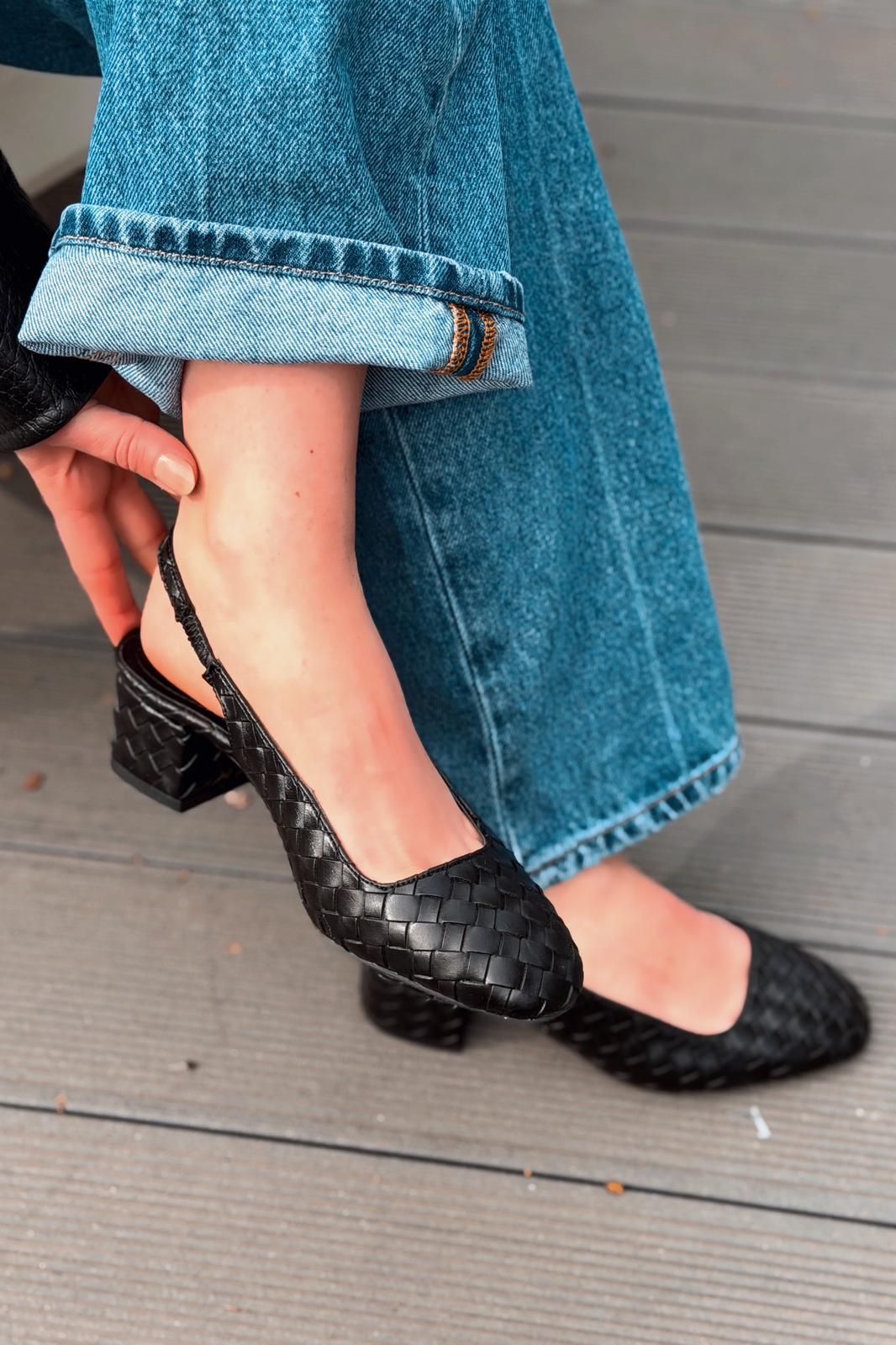 Solen Mary jane Topuklu Ayakkabı Siyah Mat Deri Örgü Detaylı - ILOVESHOES