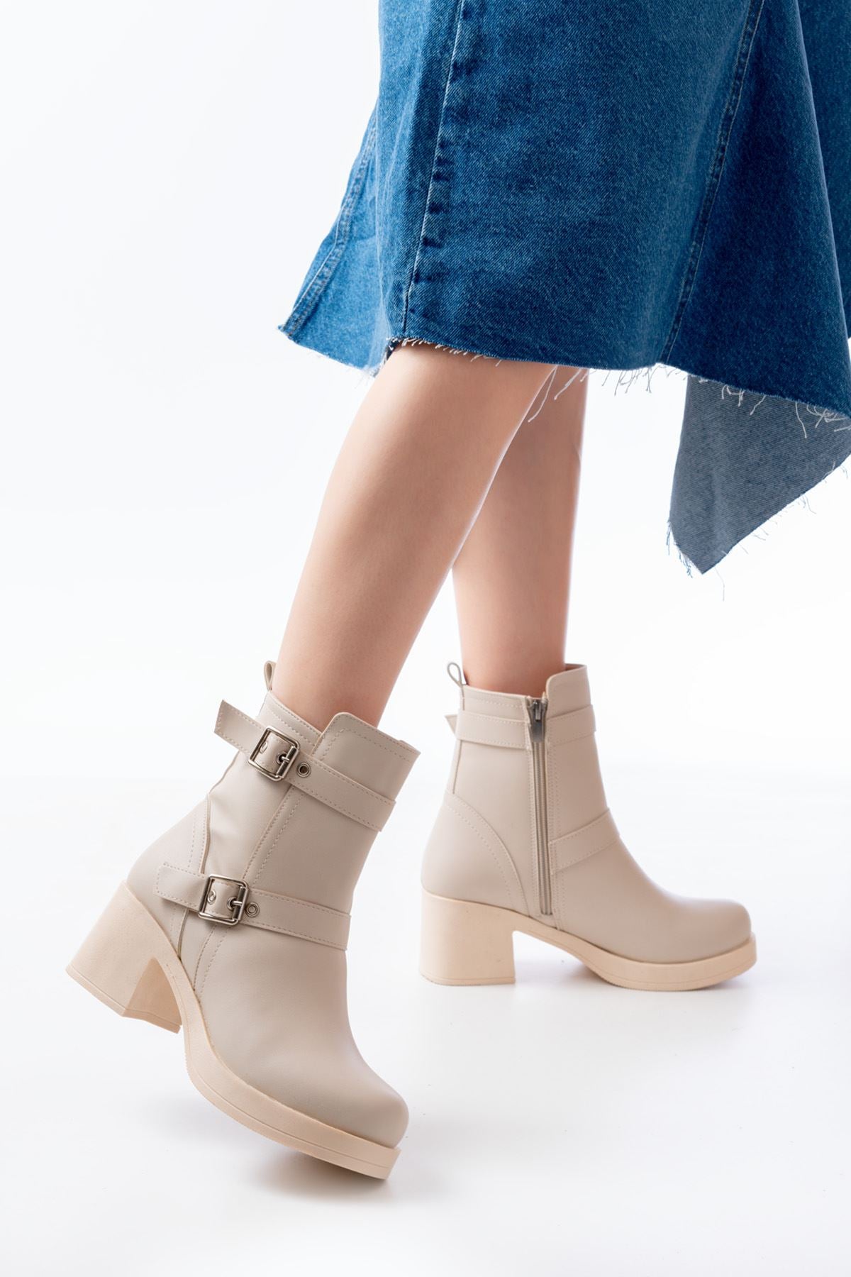 Jovira Bej Topuklu Fermuarlı Günlük Kadın Bot - ILOVESHOES