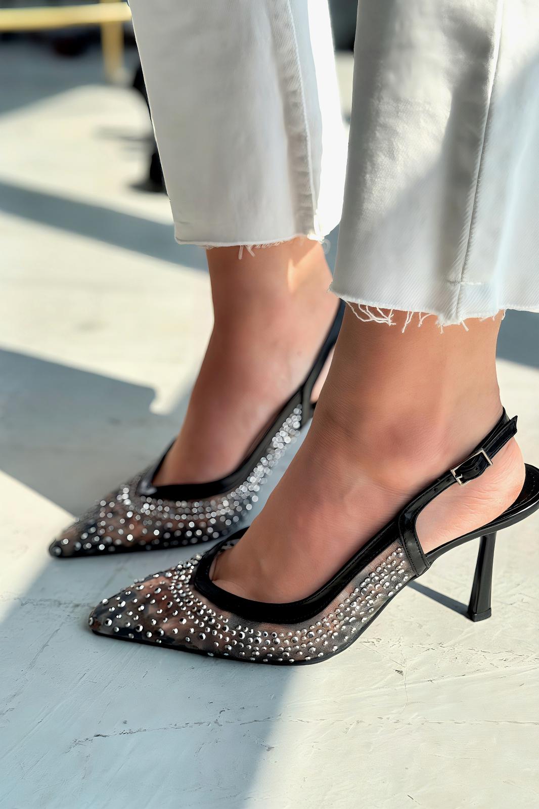 Clarwon Tül Taş Detaylı Stiletto Siyah - ILOVESHOES
