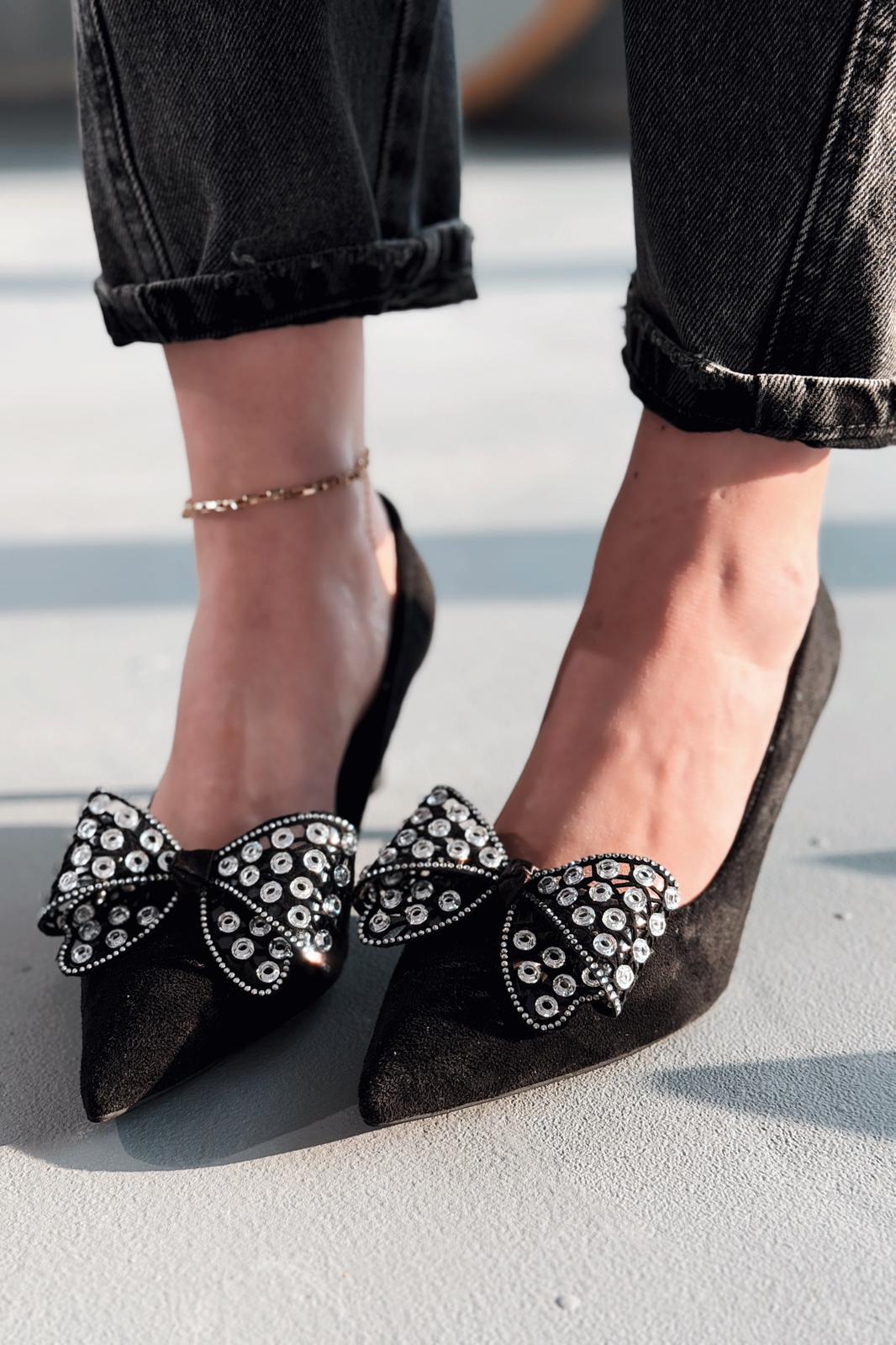 Sorexa Stiletto Siyah Süet Fiyonk Detaylı - ILOVESHOES