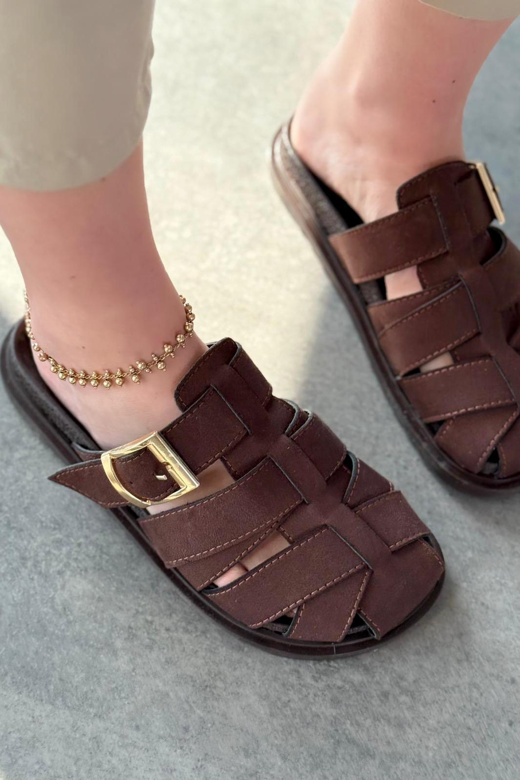 Polra Süet Acıkahve Düz Kadın Terlik - ILOVESHOES