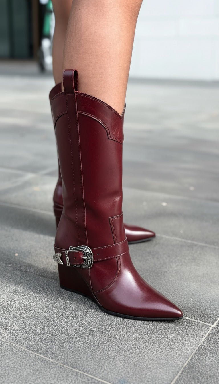 Bonvir Kadın Dolgu Topuklu Çizme Bordo Parlak Deri - ILOVESHOES