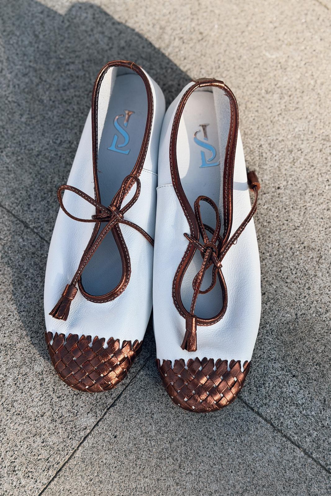 Talorin Hakiki Deri Kadın Bağcıklı Babet Metalik Bronz - ILOVESHOES