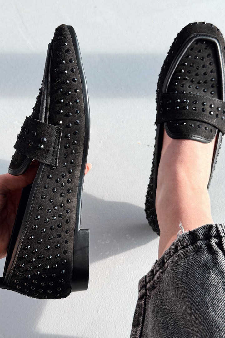 Talori Kadın Loafer Siyah Süet Siyah Taşlı - ILOVESHOES