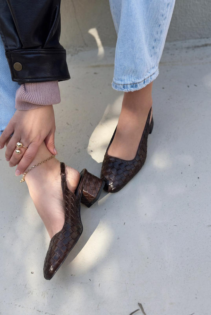 Solen Mary jane Topuklu Ayakkabı Acıkahve Mat Deri Örgü Detaylı - ILOVESHOES