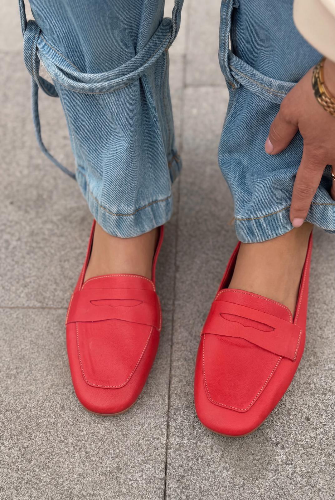 Melniel Hakiki Deri Kadın Loafer Kırmızı - ILOVESHOES