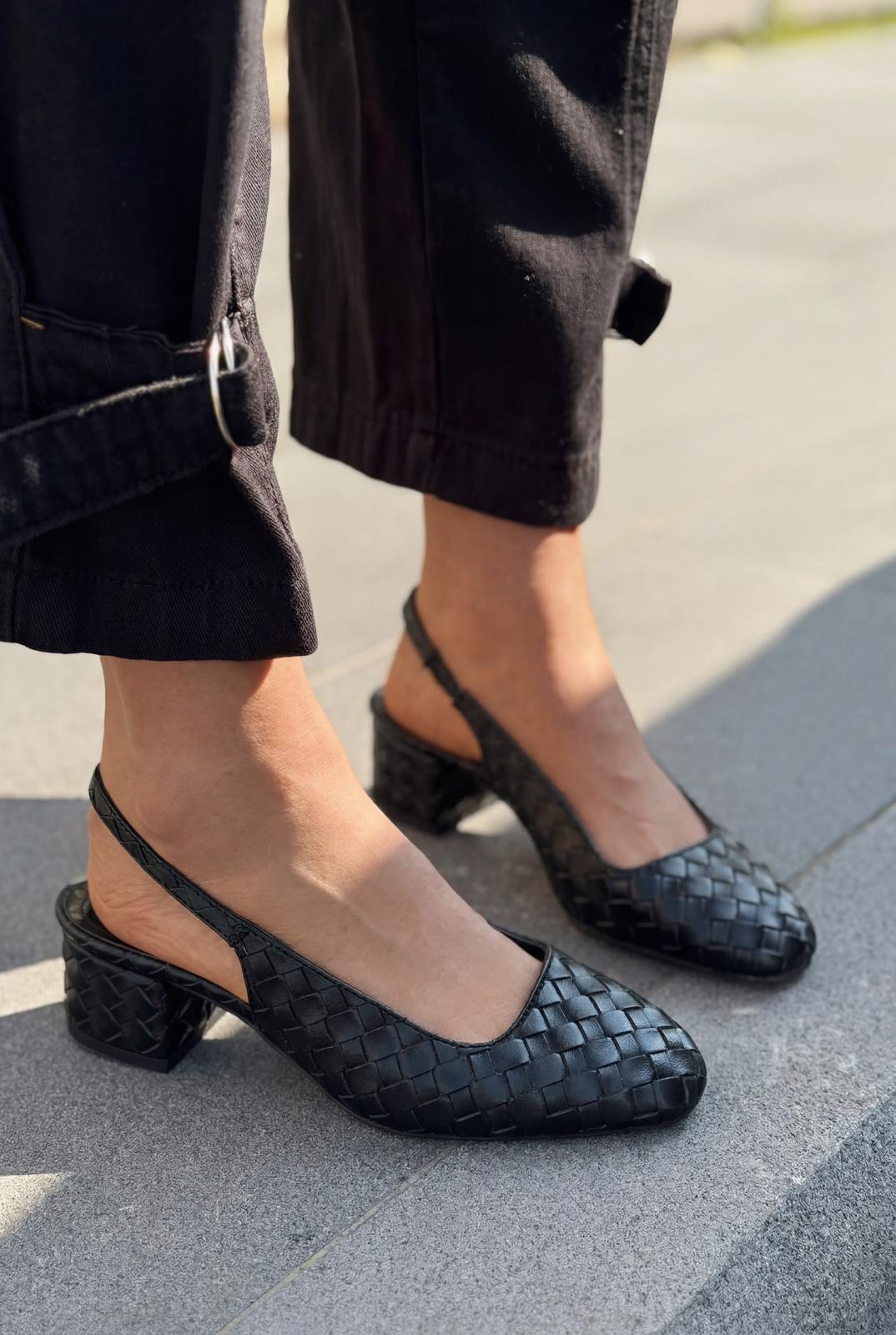 Solen Mary jane Topuklu Ayakkabı Siyah Mat Deri Örgü Detaylı - ILOVESHOES