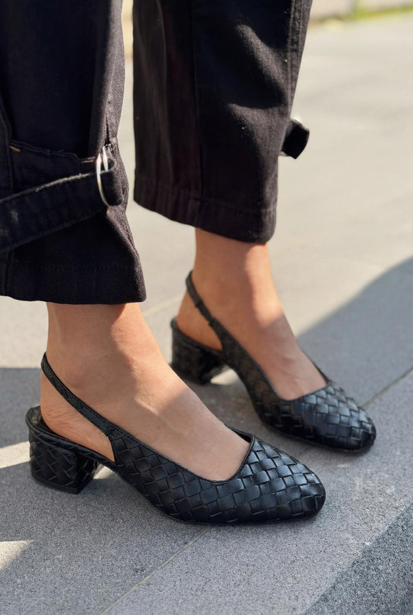 Solen Mary jane Topuklu Ayakkabı Siyah Mat Deri Örgü Detaylı - ILOVESHOES