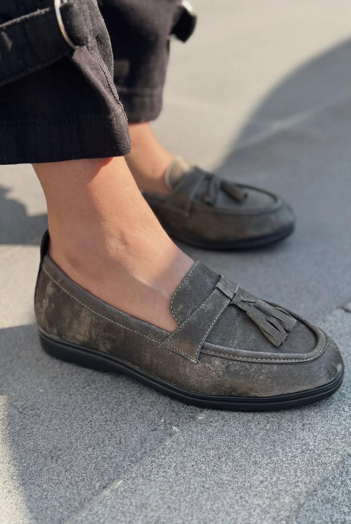 Yorvik Kadın Loafer Gri Saten - ILOVESHOES