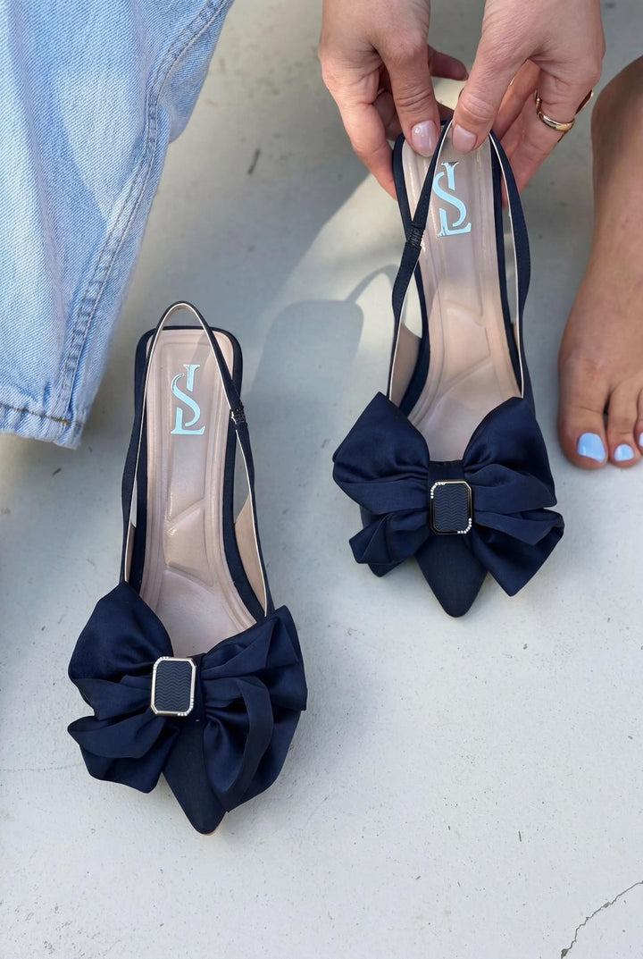 Velune Stiletto Lacivert Saten Fiyonk Detaylı - ILOVESHOES