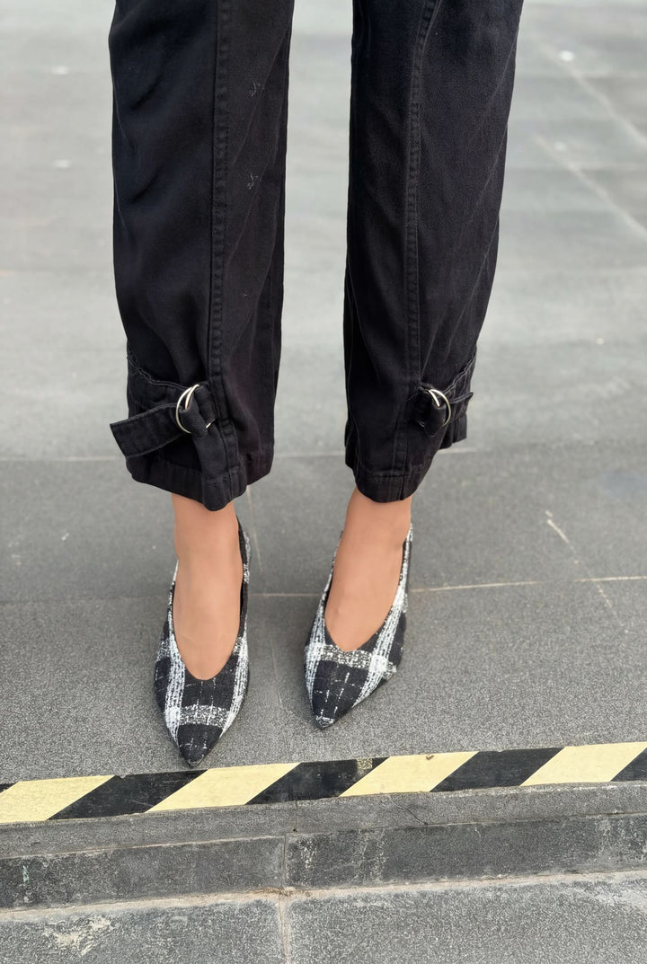 Kairo Stiletto Siyah Tüvit Kumaş Ekoseli - ILOVESHOES