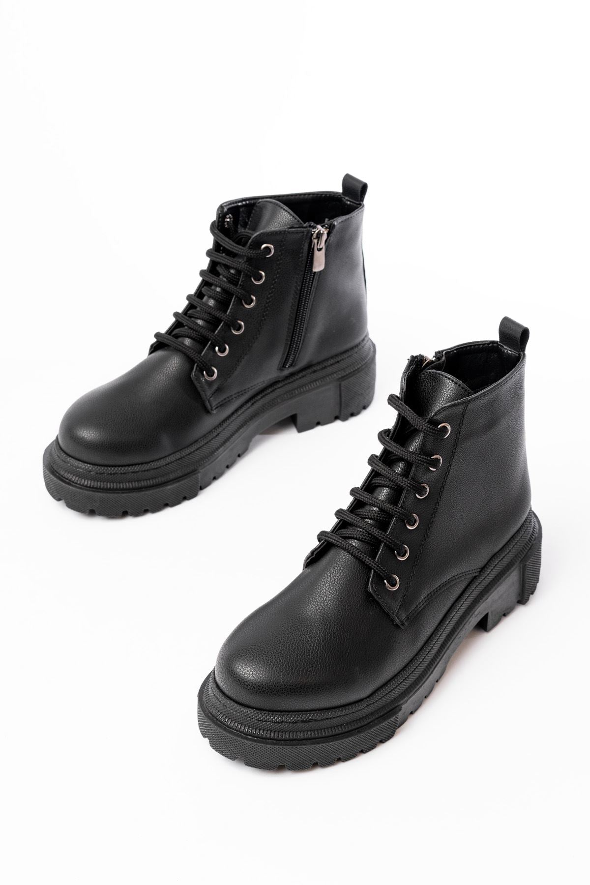 Kelyra Siyah Bağcıklı Fermuarlı Günlük Kadın Bot - ILOVESHOES