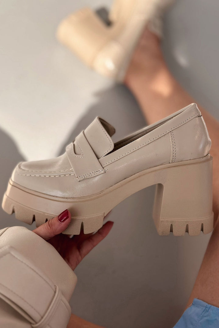 Passeta Kalın Taban Topuklu Kadın Loafer Bej Mat Rugan - ILOVESHOES