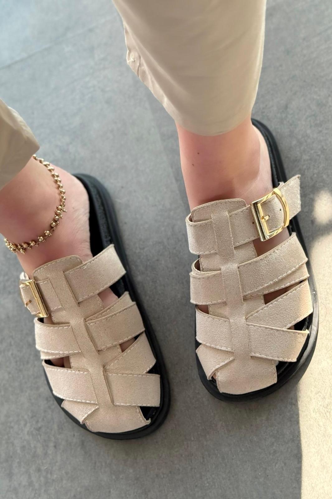 Polra Süet Bej Düz Kadın Terlik - ILOVESHOES